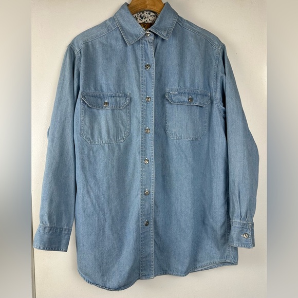 VTG High Sierra Women’s Med Denim Button Shirt Blue Long Sleeve Floral Contrast - Picture 1 of 13